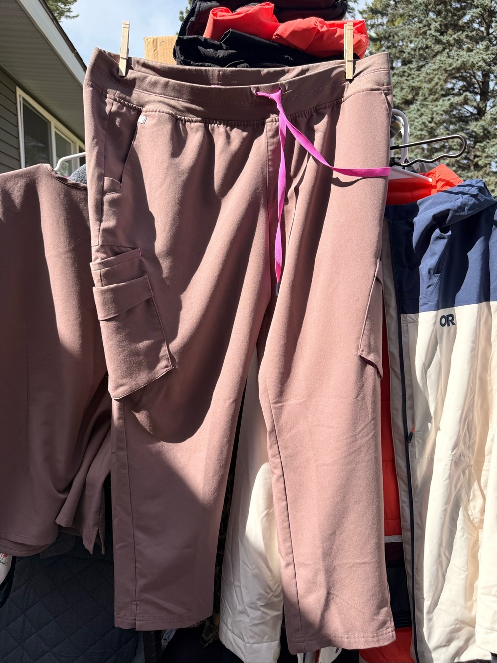 Figs Straight Leg Cargo Pants in Smokey Taupe with Pink Drawstring